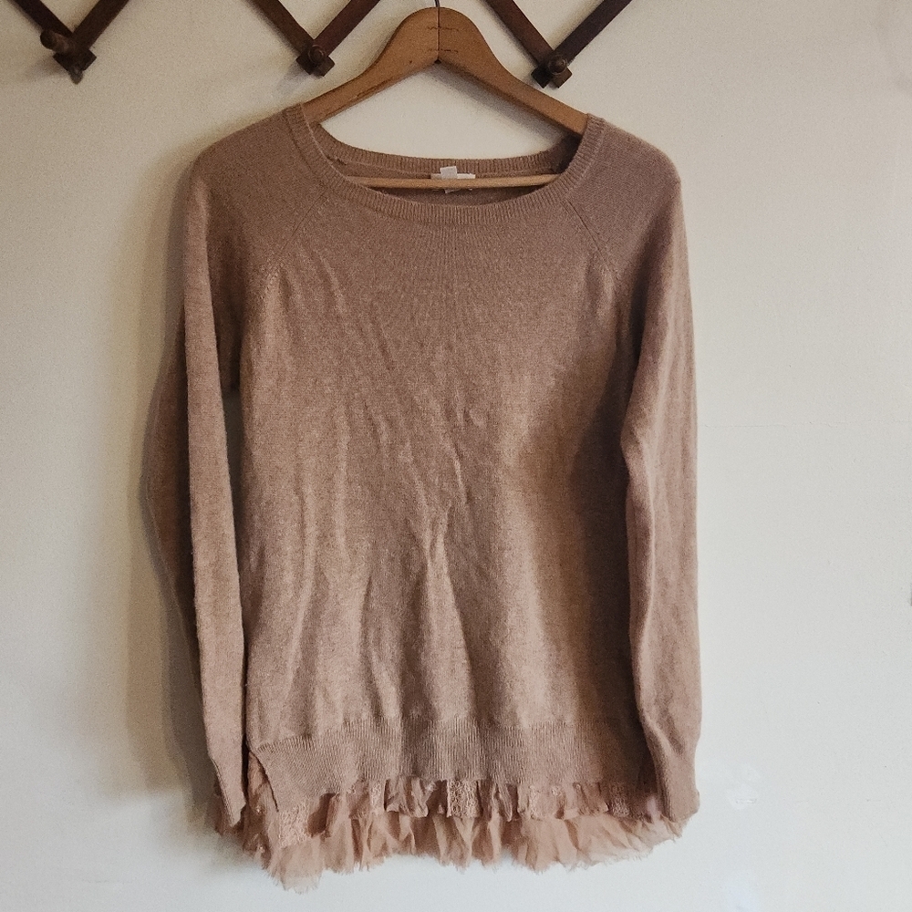 Garnet Hill Shirttail Cashmere Sweater Ruffle Detail Tan Cream Medium M